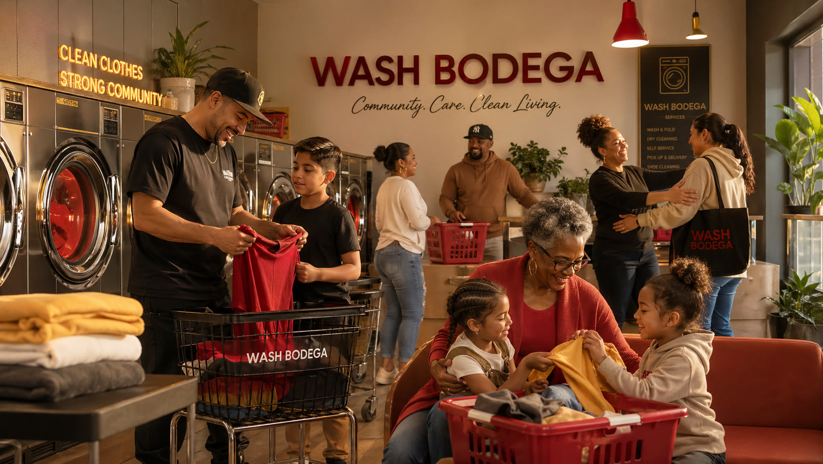 A bustling, family-filled scene inside Wash Bodega — neighbors, parents, and grandchildren under signage that reads 'Community. Care. Clean Living.'