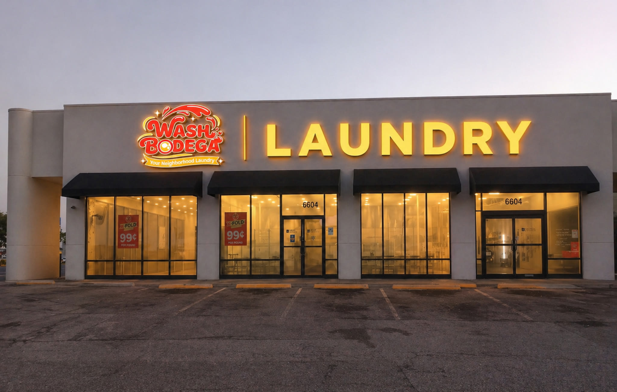 Wash Bodega storefront on W Bellfort in Houston, illuminated at dusk.